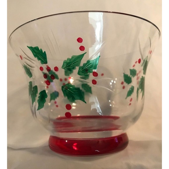 Gorham "FESTIVE HOLLY" 5" Crystal Candy Dish Hand-painted And Hand-cut - Picture 1 of 9
